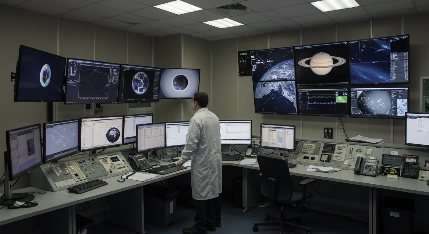 Planetary scientist analyzing Cassini spacecraft data and Saturn ring images in mission control room