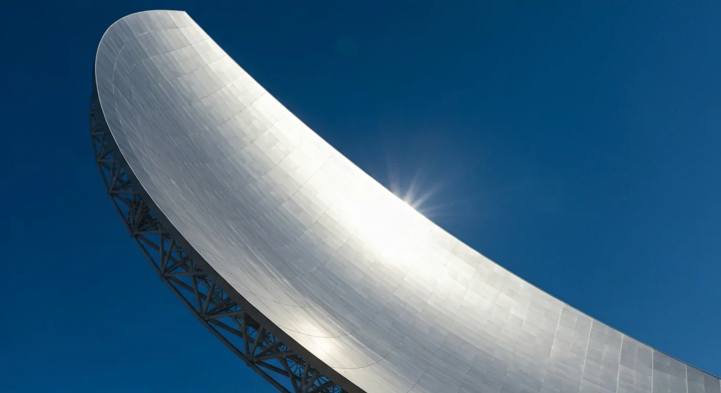 Large parabolic reflective dish catching sunlight against a deep blue sky, representing the concept of a stellar mirror