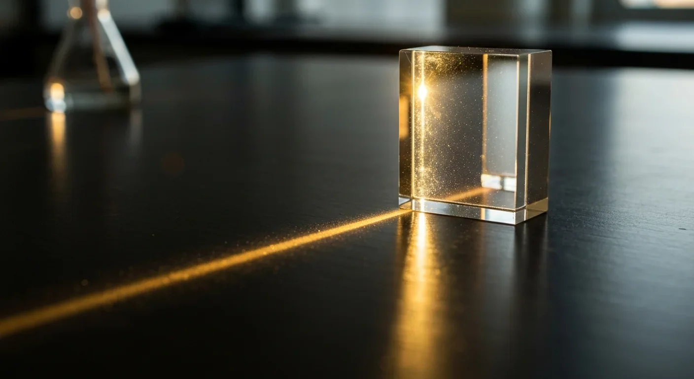 Concentrated beam of golden sunlight passing through a glass prism in a laboratory setting, illustrating radiation pressure