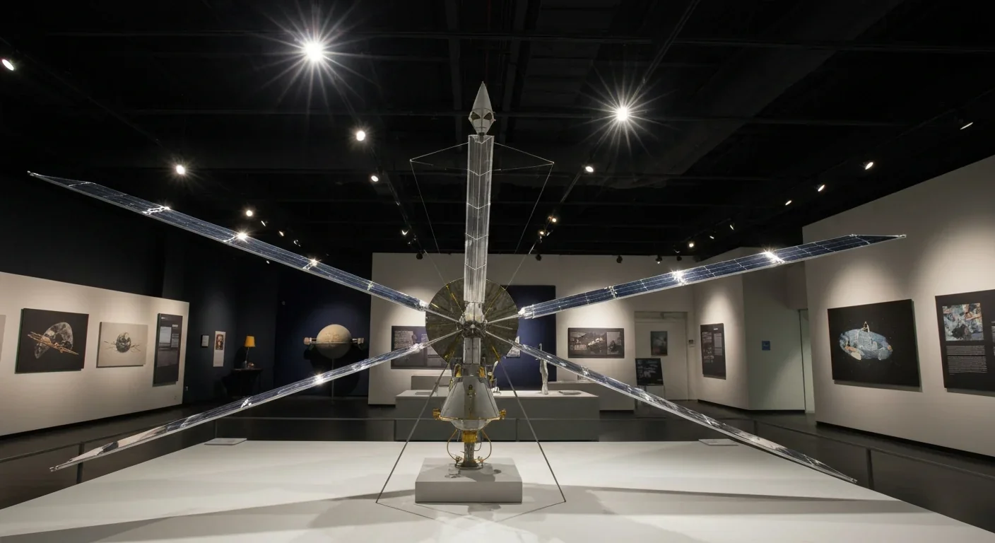 Scale model of a spacecraft solar sail with thin metallic reflective panels in a museum display