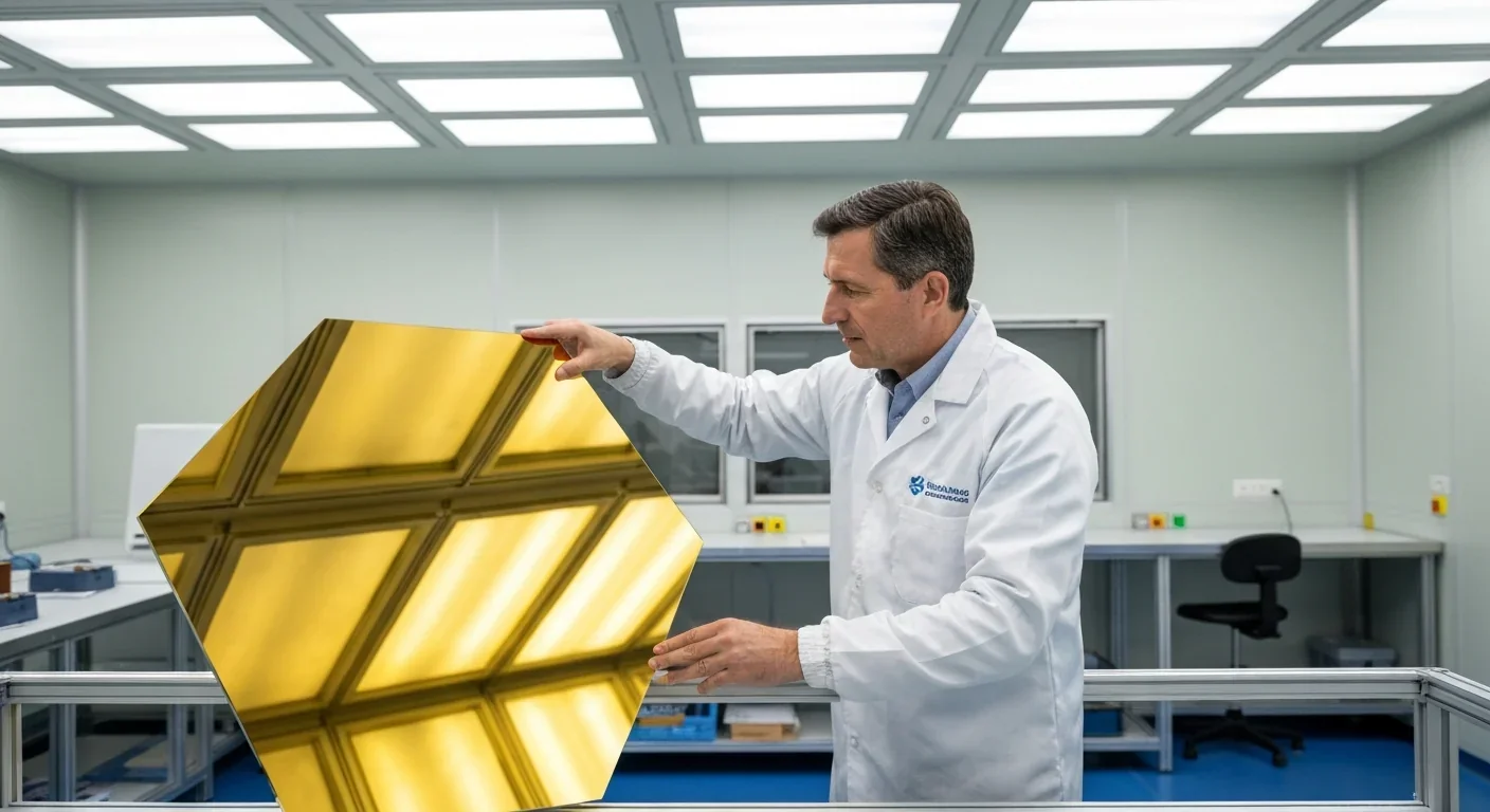 Engineer in a clean room examining a large gold-coated hexagonal mirror segment used in space telescope construction