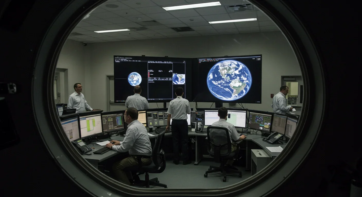 Mission control team analyzing detailed exoplanet surface imagery captured via solar gravitational lens