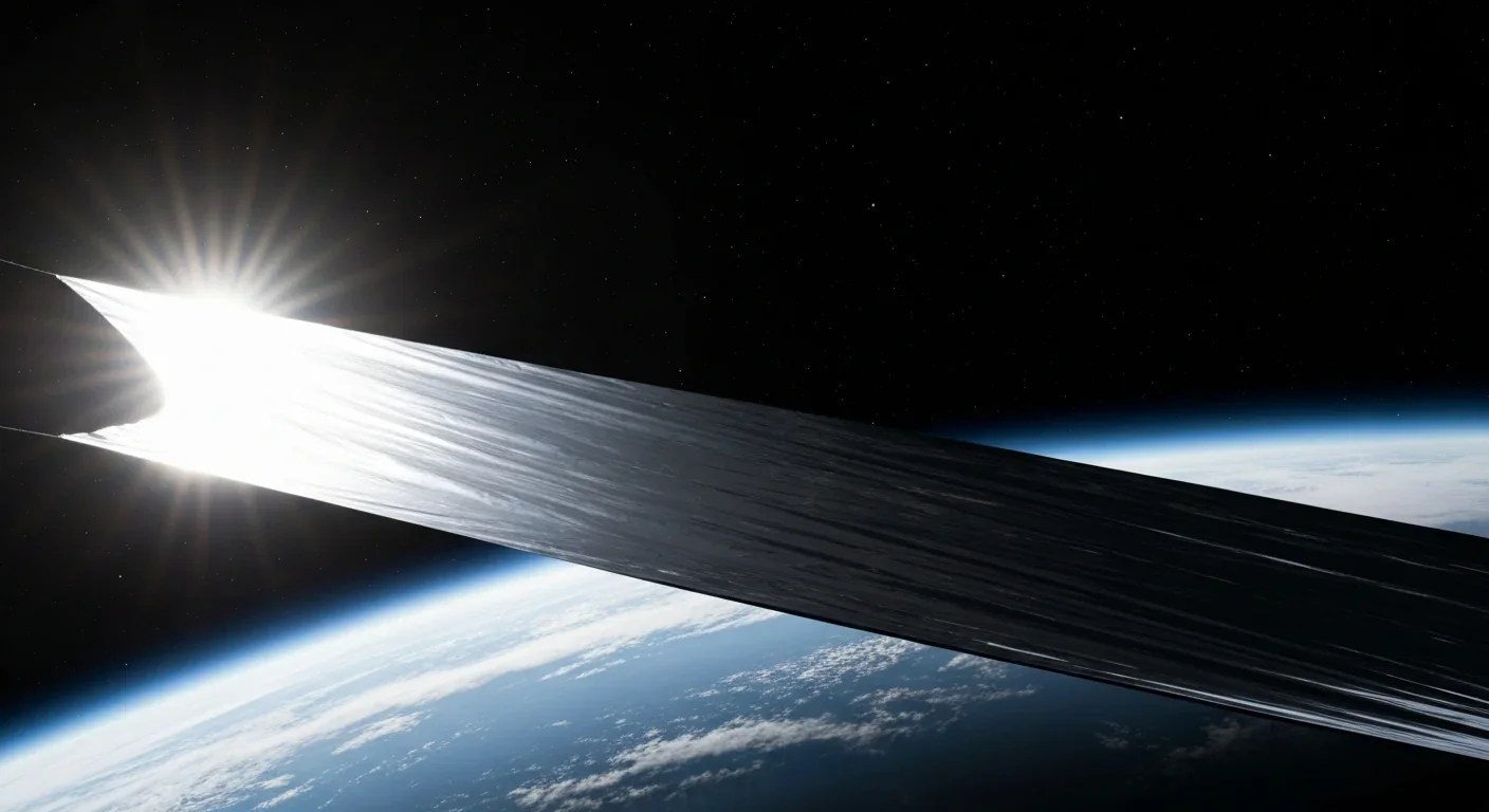 A large reflective solar sail deployed in space catching sunlight with Earth visible in the background
