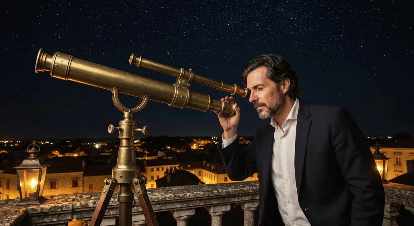 An astronomer gazing through a brass telescope under a starry sky from a historic balcony