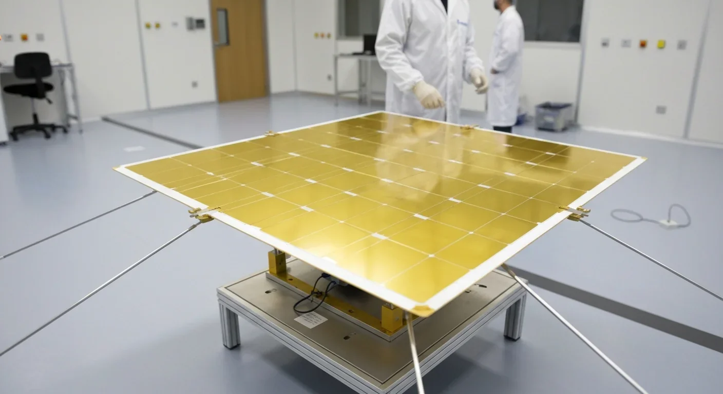 A solar sail prototype being tested in a clean room facility with engineers observing
