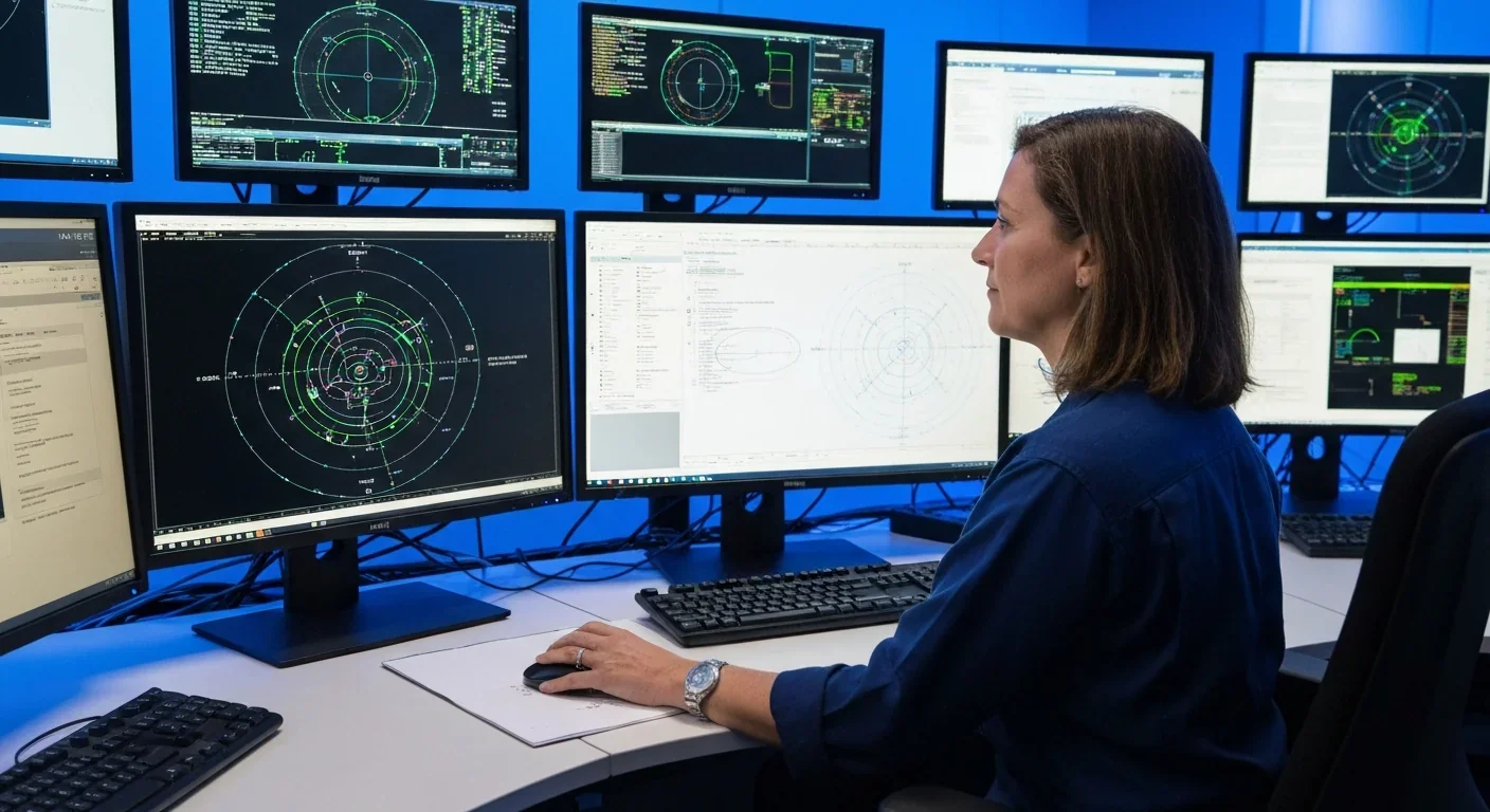 An engineer analyzing orbital trajectories at a spacecraft mission control workstation