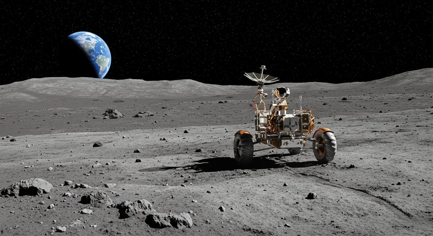 China's Yutu-2 rover exploring the surface of the South Pole-Aitken basin, with Earth visible in the sky above the lunar horizon