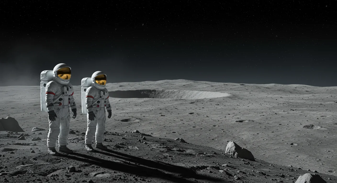 Two astronauts standing at the rim of the South Pole-Aitken basin during a future Artemis mission, with the vast crater stretching to the horizon