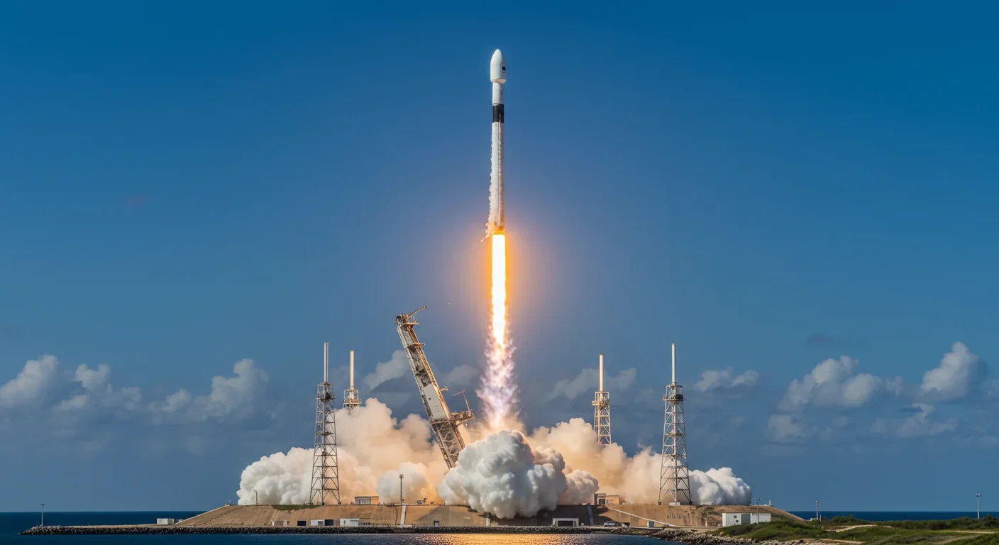 Commercial rocket launching with bright exhaust plume