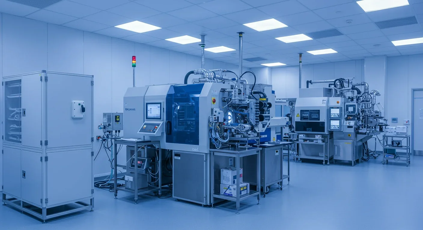 Modern semiconductor manufacturing cleanroom with precision equipment