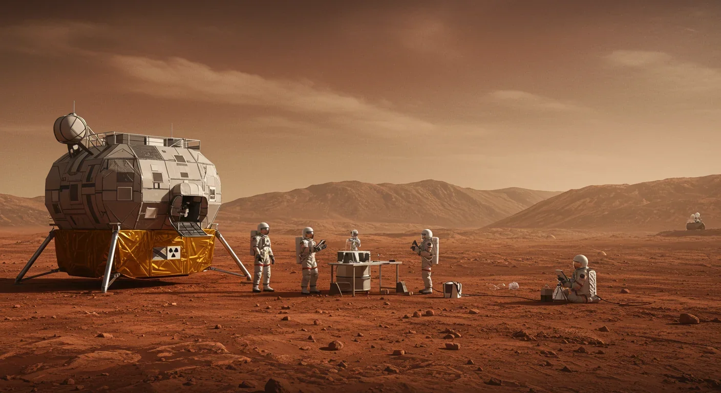 Future Mars habitat with radiation shielding protecting astronauts conducting surface research