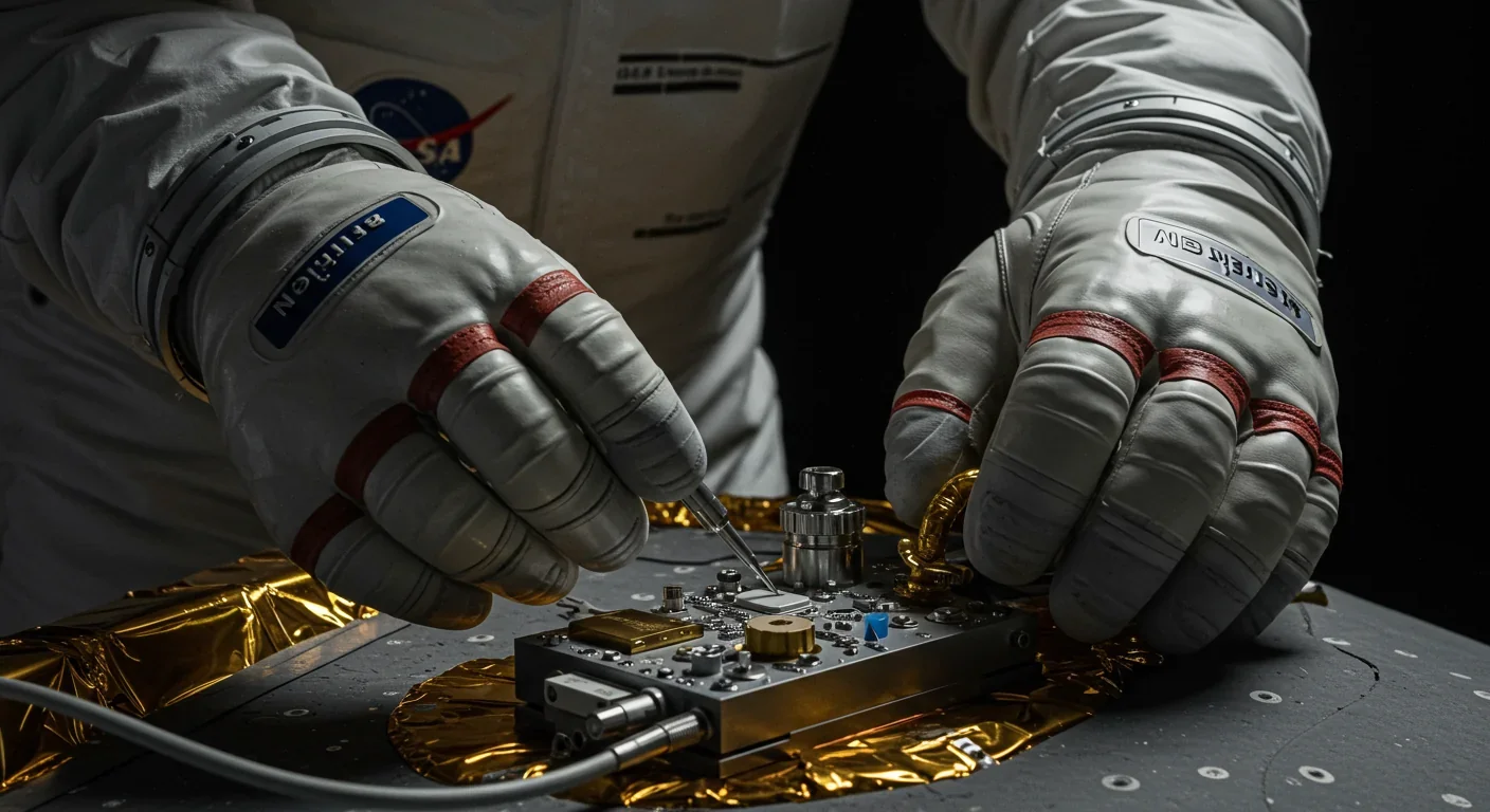 Close-up of pressurized spacesuit gloves demonstrating the challenge of fine motor control during lunar EVAs