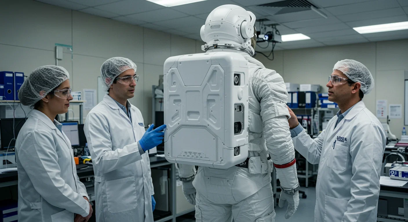 NASA's next-generation xEMU spacesuit prototype displaying rear-entry hatch and improved mobility features