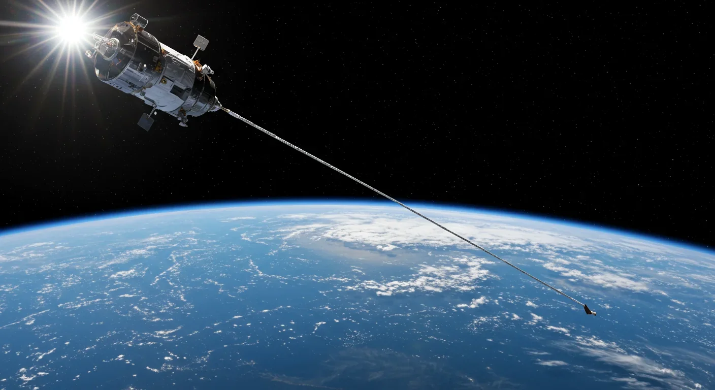 Spacecraft deploying long thin tether in Earth orbit with visible atmosphere below