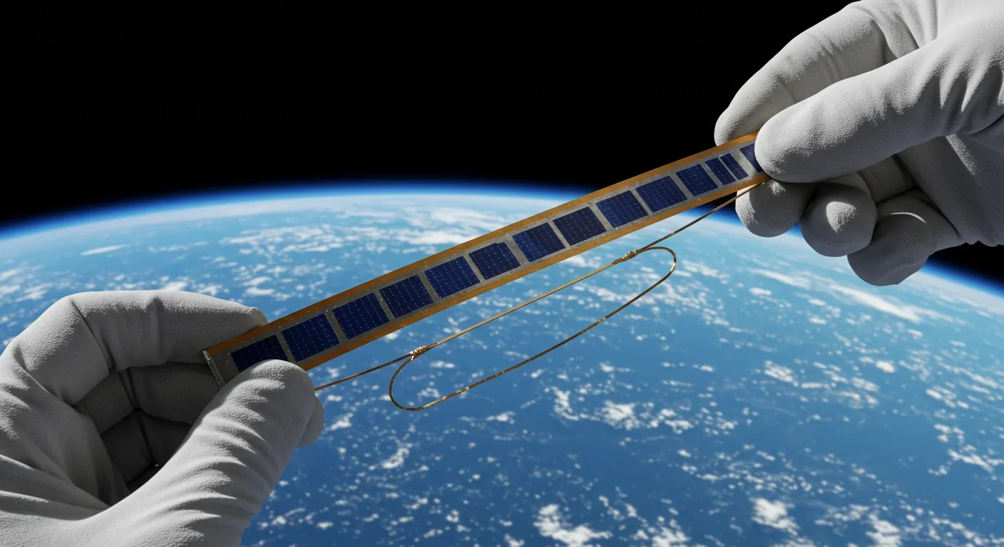 Close-up of electrodynamic tether with integrated solar cells being examined in orbit