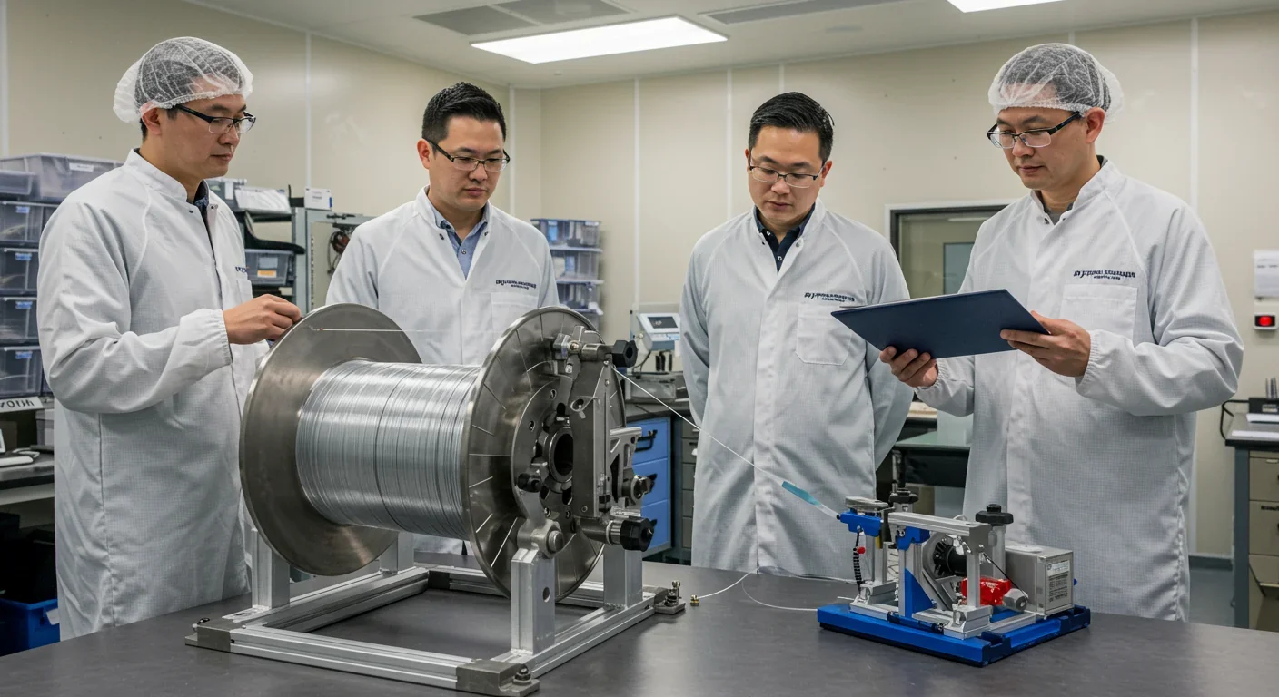 Engineers inspecting a tether deployment spool with ultra-thin Dyneema fiber in clean room