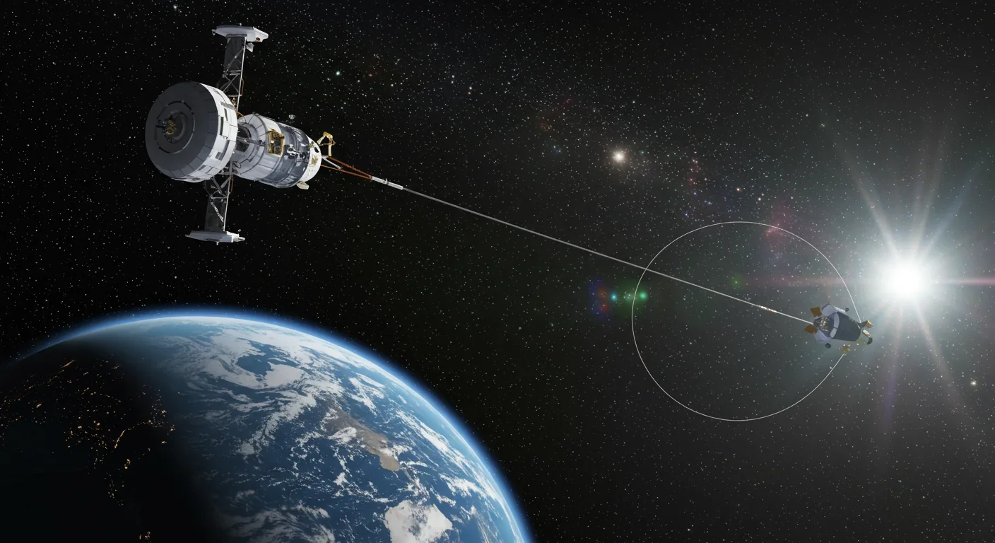 Conceptual image of rotating momentum exchange tether facility with approaching spacecraft