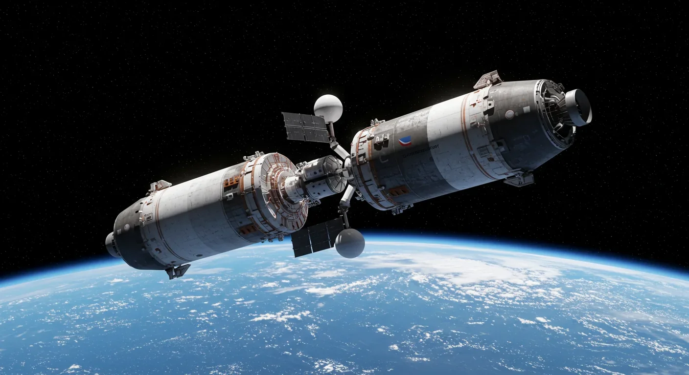 Two Starship spacecraft performing orbital refueling demonstration with belly-to-belly docking configuration