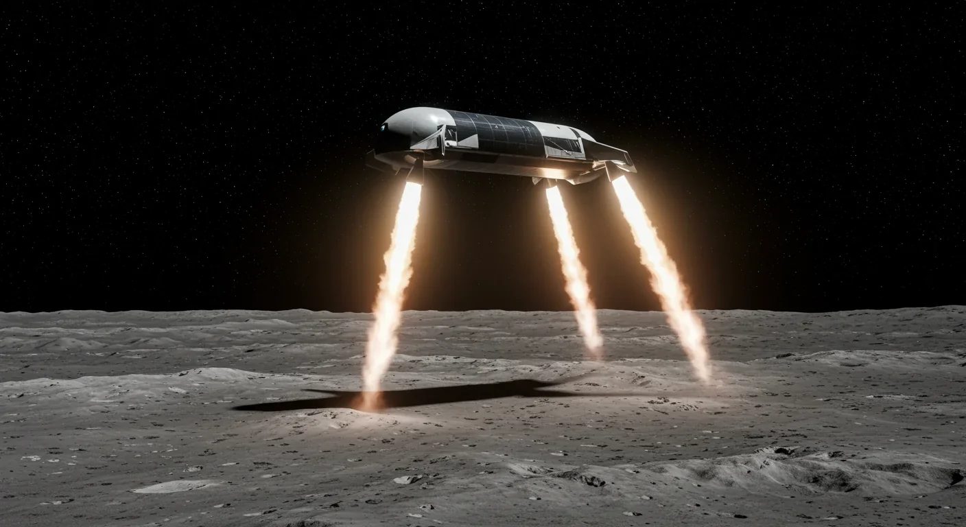 Starship Human Landing System descending to lunar surface with engines firing near south pole region