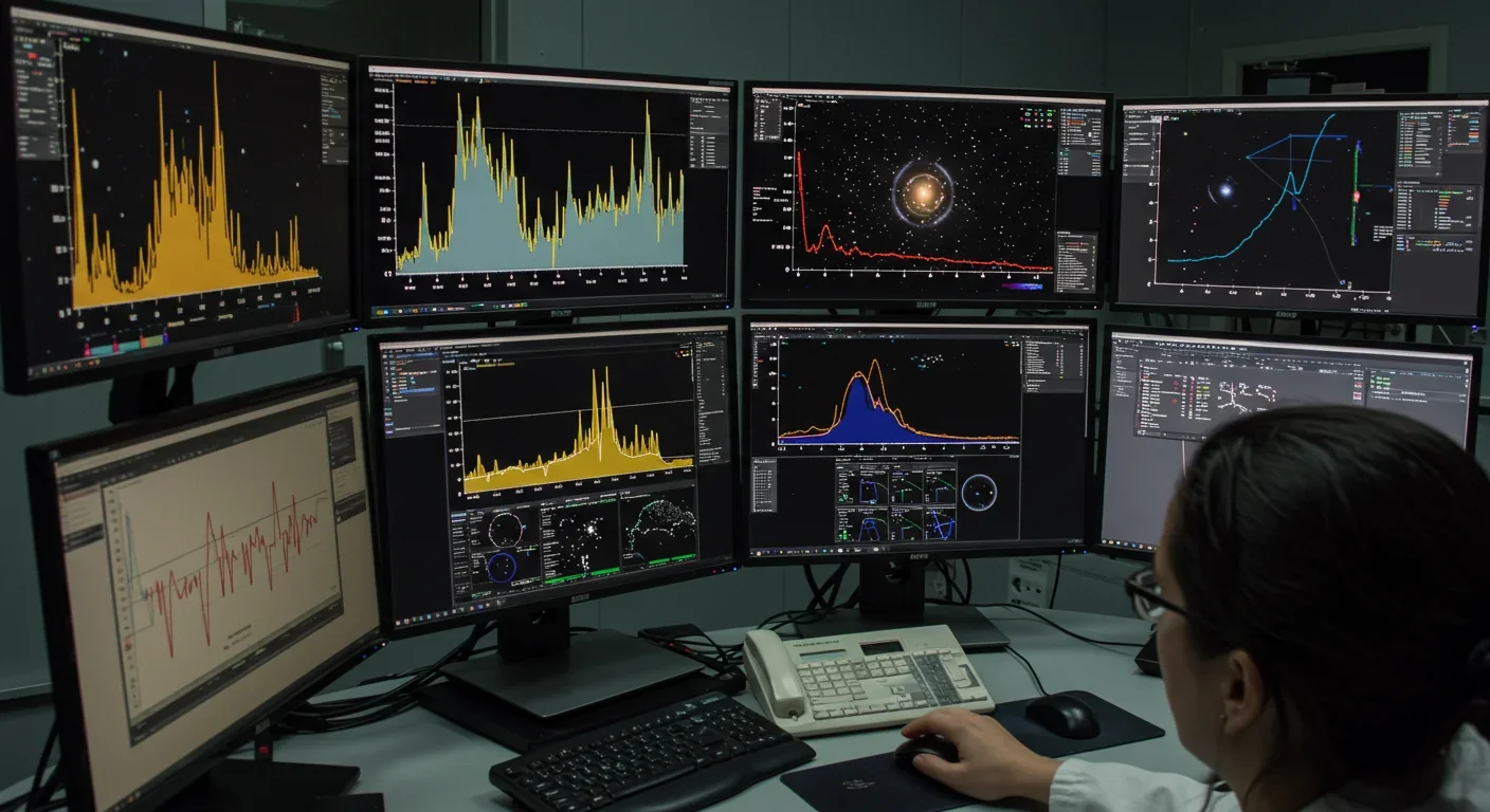 X-ray telescope equipment in observatory with spectral analysis displays