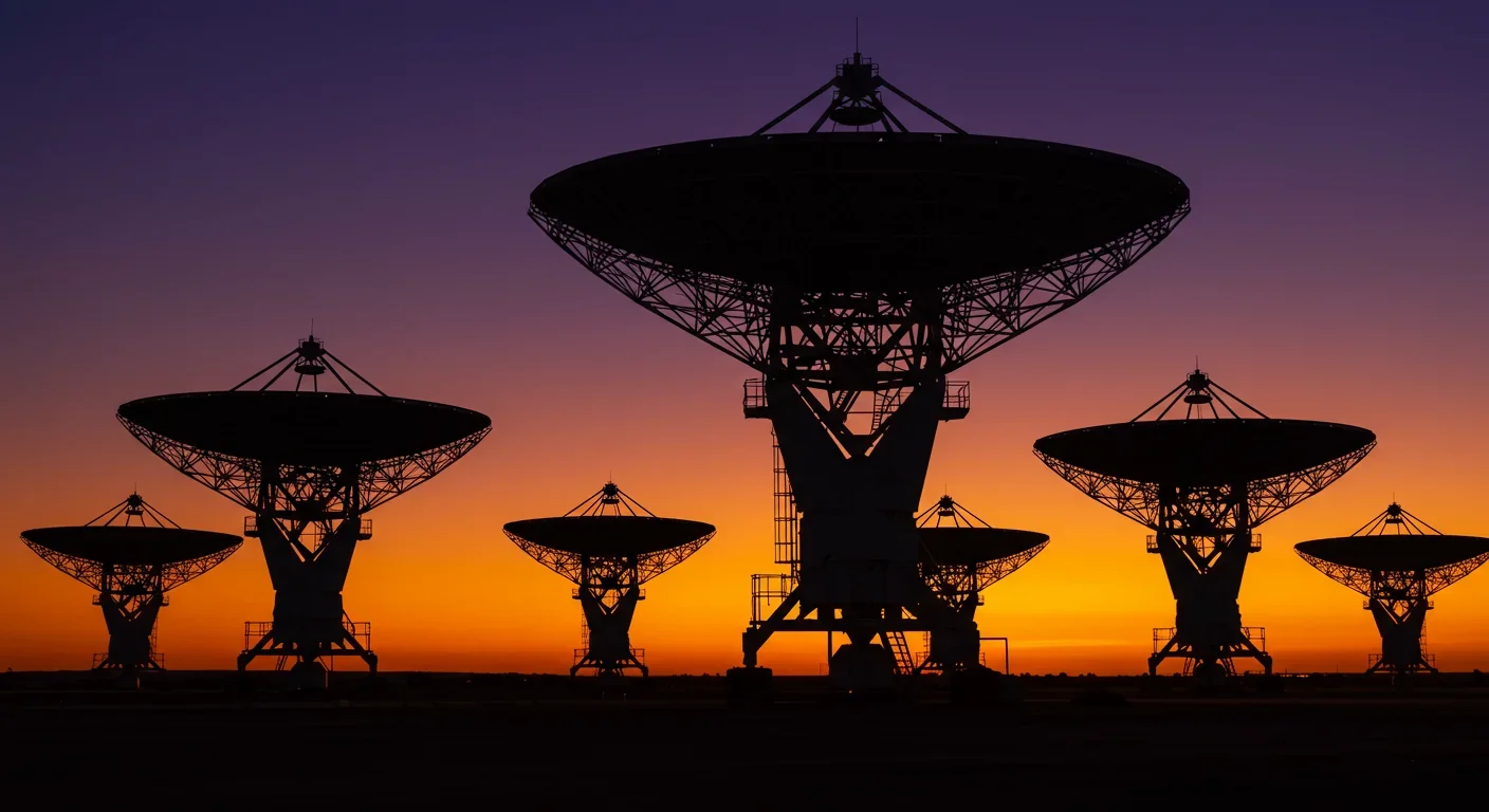 Radio telescope array with multiple dish antennas pointed at colorful sunset sky