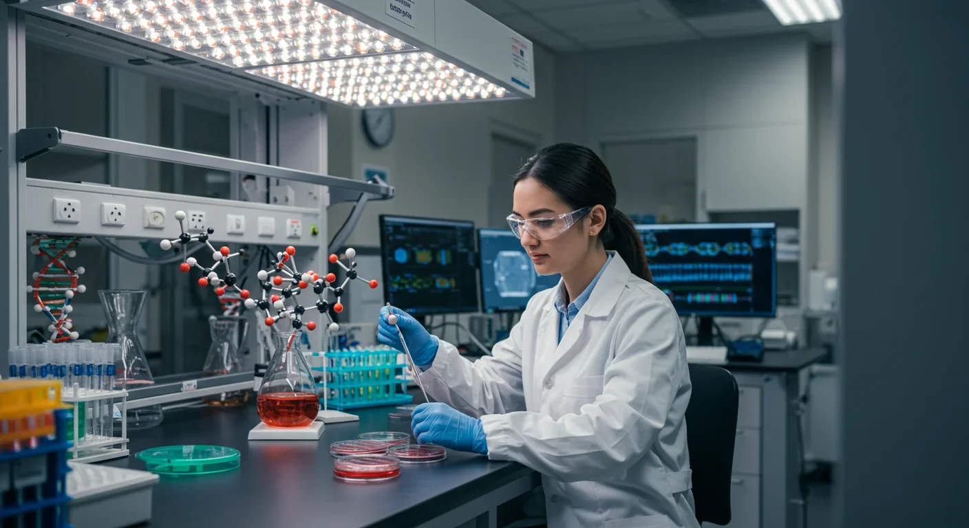 Research scientist examining cell cultures in modern molecular biology laboratory with DNA analysis equipment