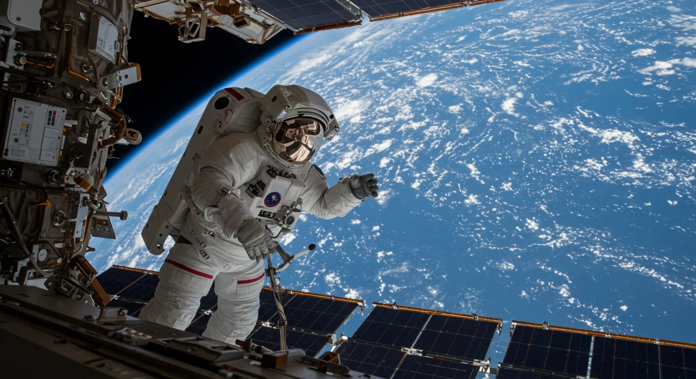 Astronaut conducting research outside International Space Station with Earth visible below