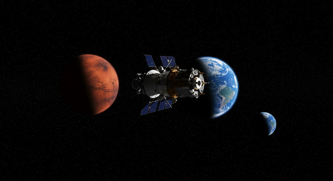 Spacecraft on approach to Mars with Earth visible in the background