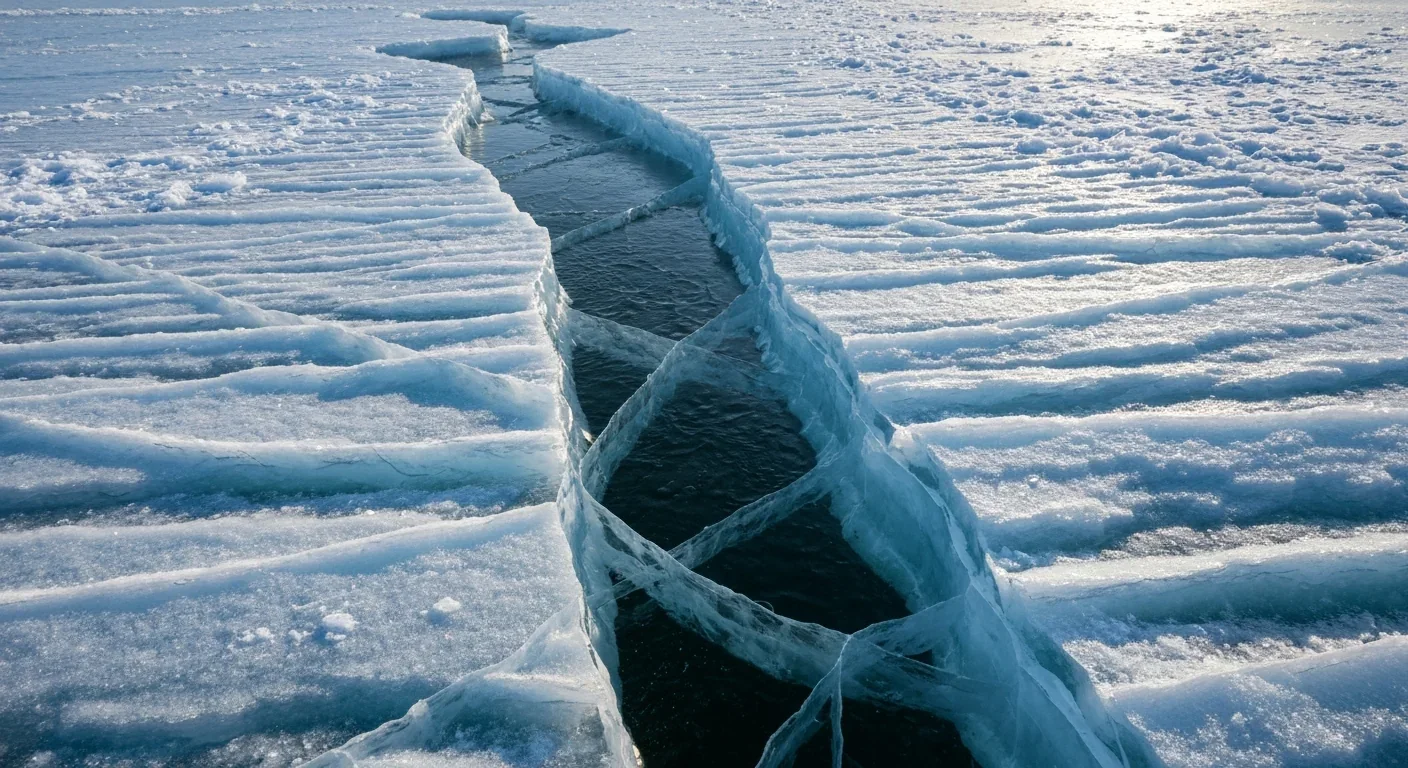 Close-up of cracked blue-white ice with dark liquid water visible in deep crevasses beneath the frozen surface