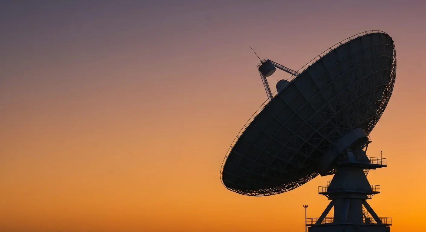 NASA deep space tracking antenna silhouetted against a vivid orange and purple sunset sky