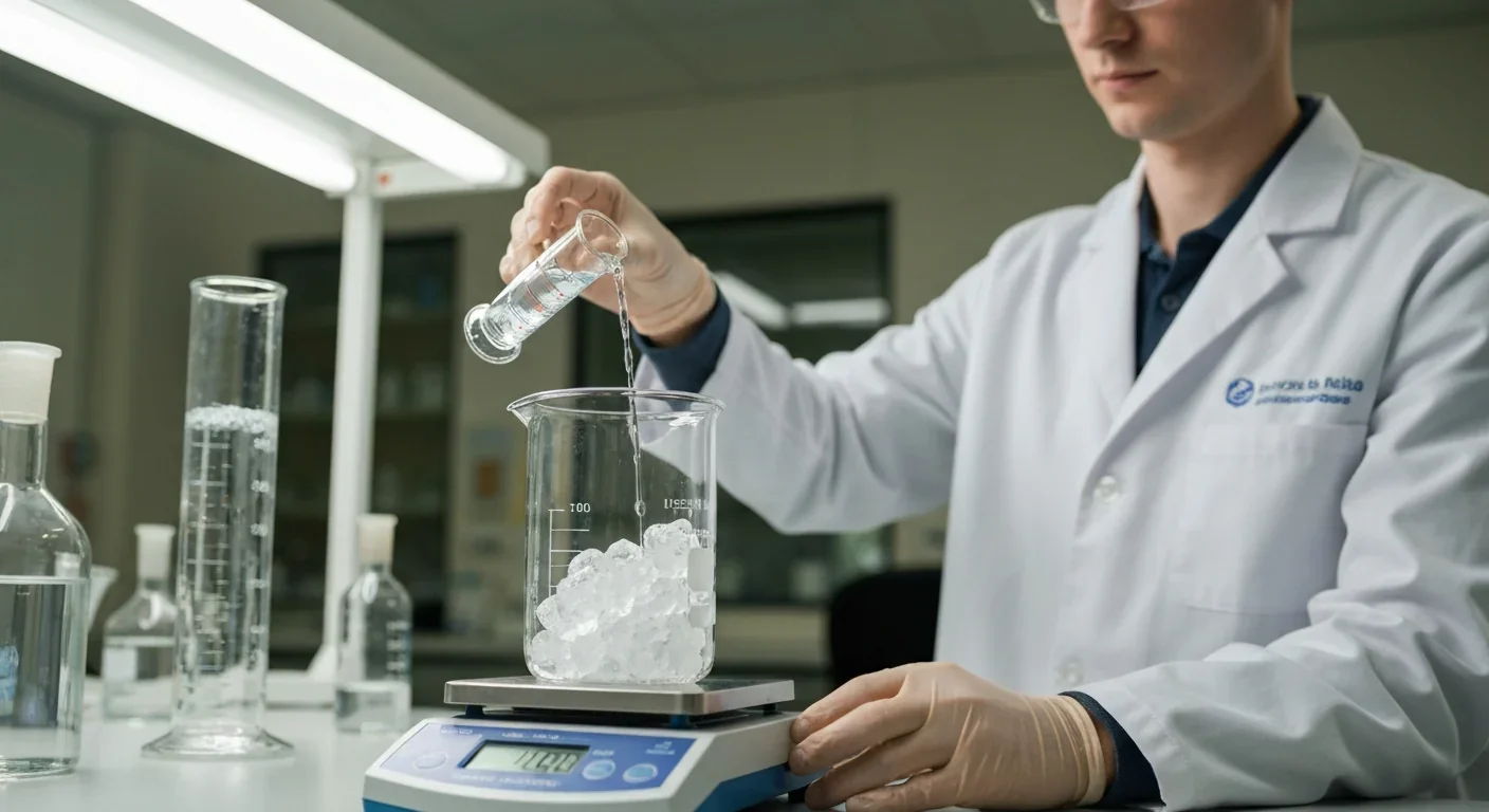 Scientist in white coat pouring clear liquid into a beaker of ice crystals on a digital scale in a laboratory