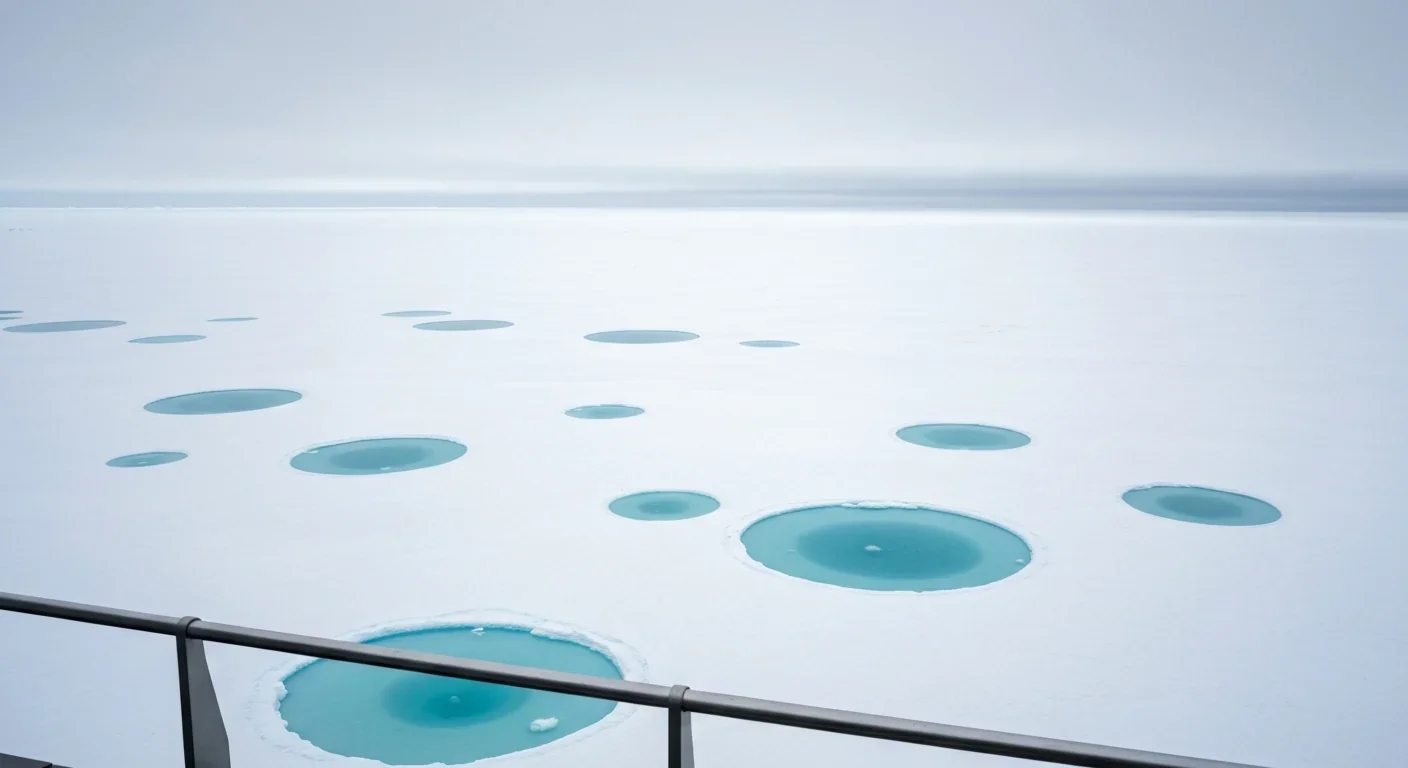 Arctic sea ice field with turquoise melt ponds scattered across the white frozen surface under overcast skies