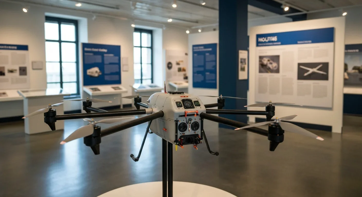 Scale model of a multi-rotor drone aircraft on display in an aerospace facility with informational panels behind it