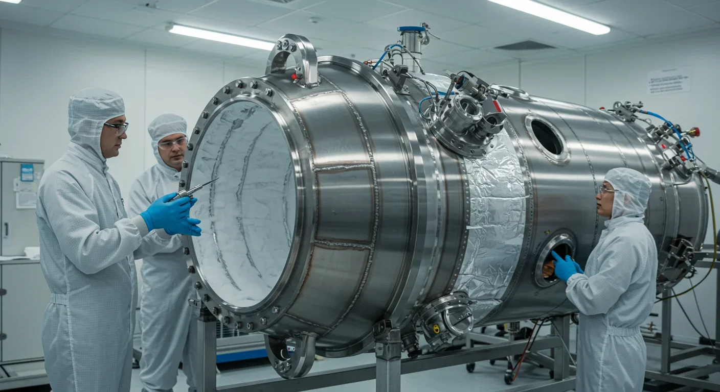 Engineers examining the titanium pressure hull of the Titan Submarine prototype in a clean-room facility