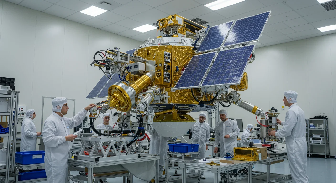 Autonomous mining robot operating on asteroid surface with drilling equipment