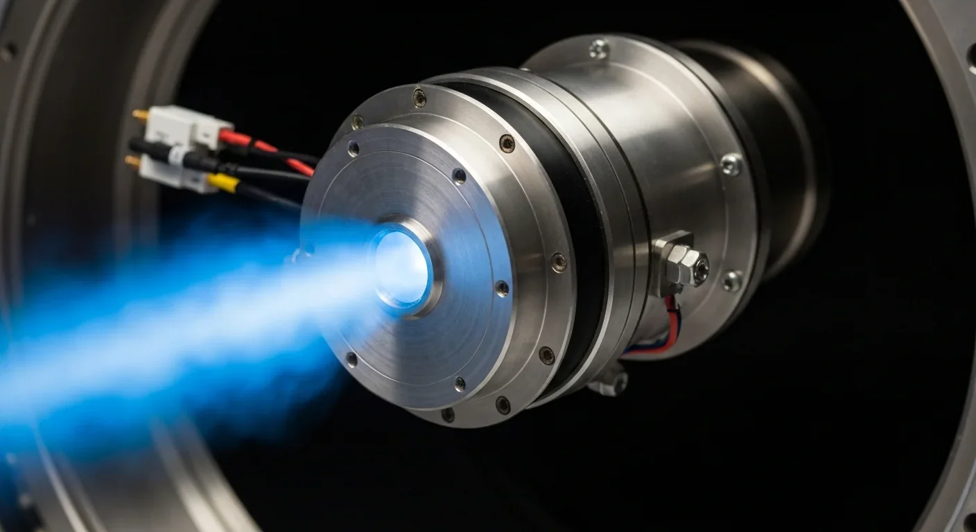 Hall-effect thruster firing with bright blue ion exhaust plume in a vacuum chamber during testing