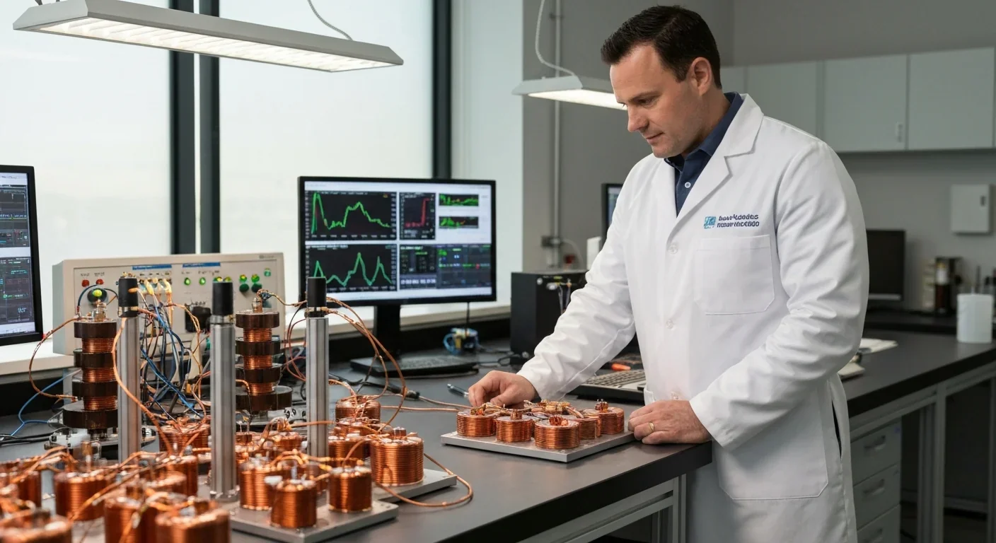 Aerospace engineer examining copper magnetic coils and sensors on a laboratory workbench with digital readouts in background