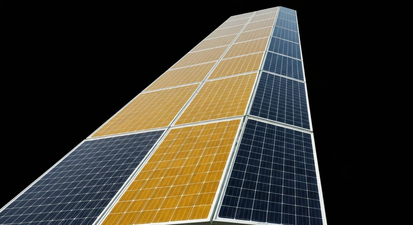 Large spacecraft solar panel array with gold and blue photovoltaic cells in wing configuration against dark background