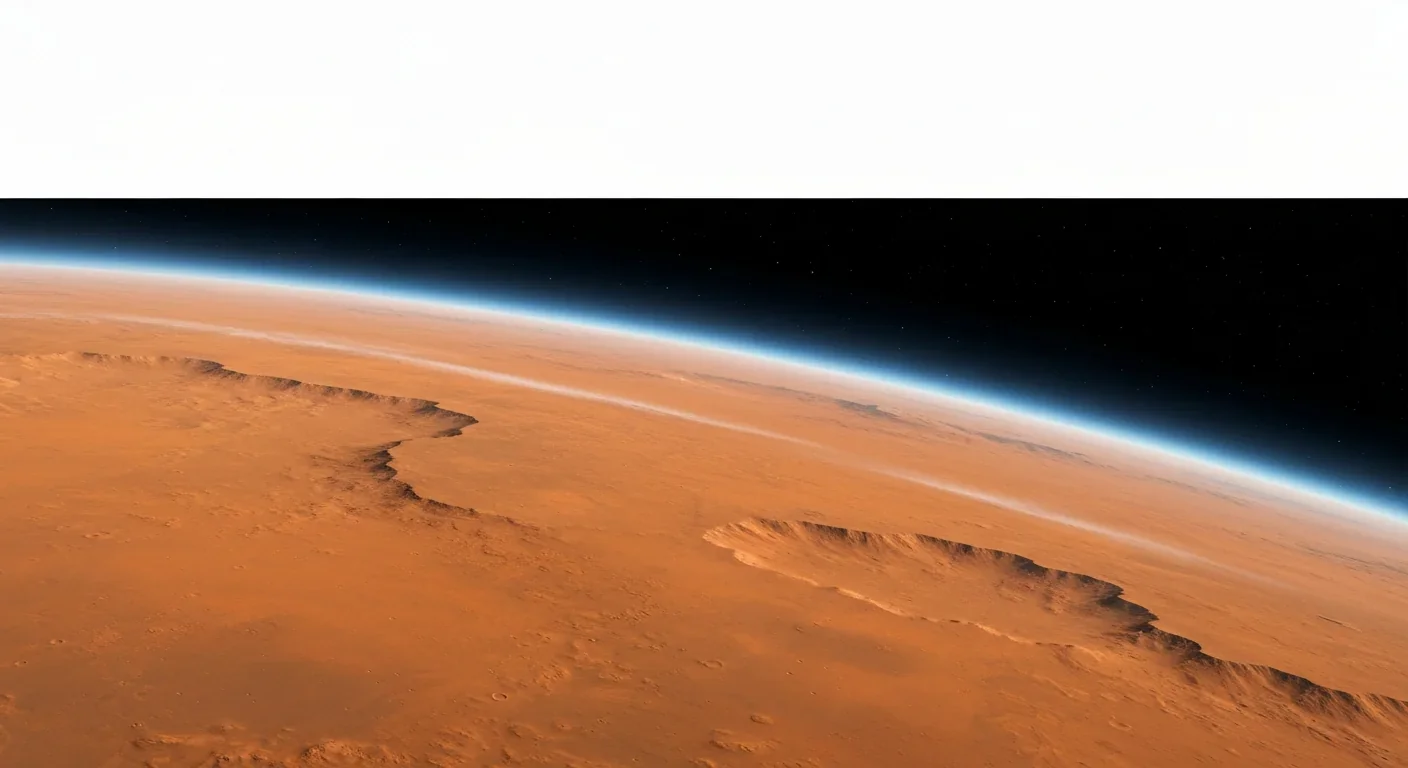 Orbital view of Mars showing orange-red surface with craters, canyons, and thin atmospheric haze along the horizon