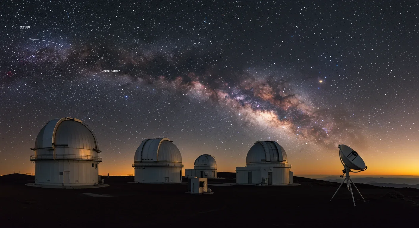 Observatory telescopes scanning night sky for white dwarf stars containing planetary debris