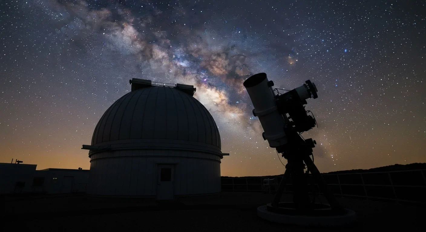Modern astronomical observatory telescope under starry night sky